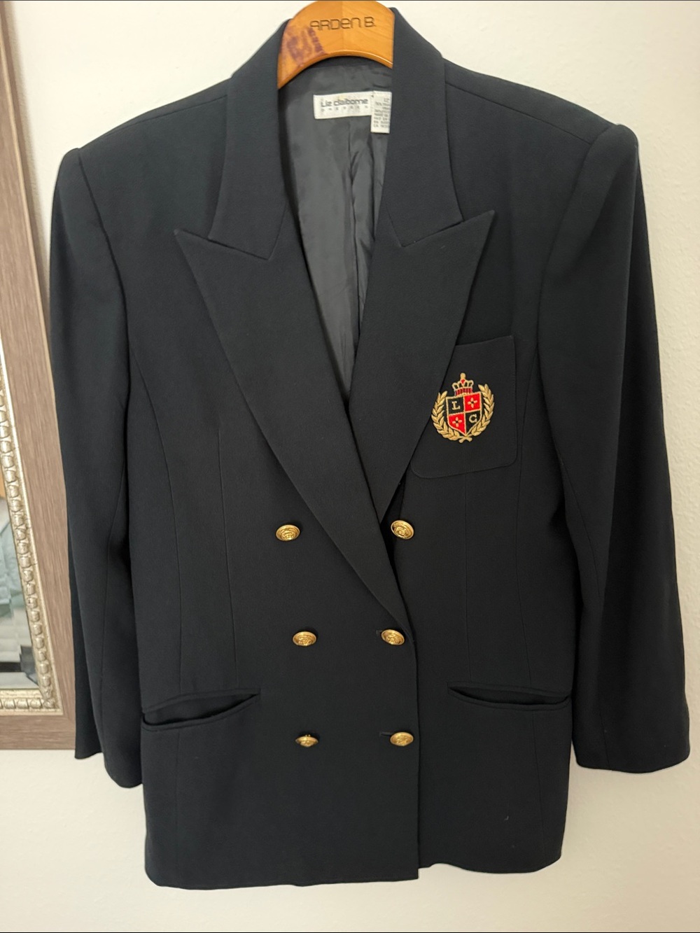 Liz Claiborne Black Double-Breasted Crest Sport Coat with Gold Buttons